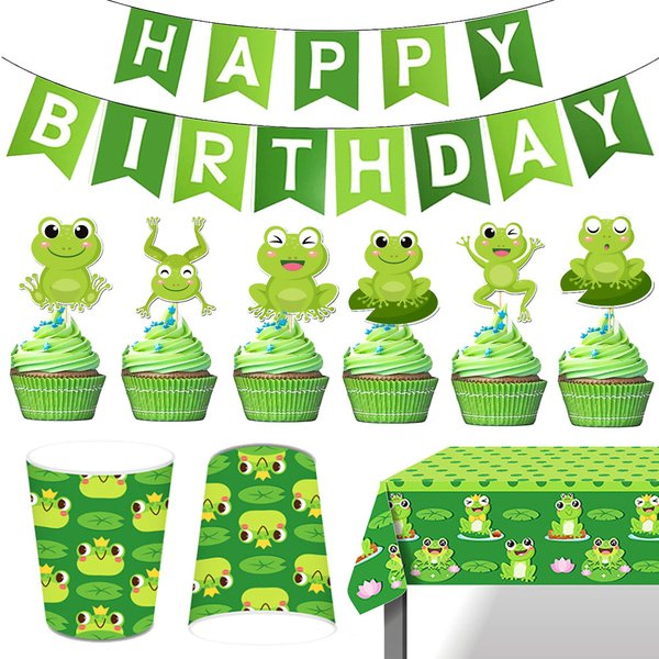 Décorations de Cupcake grenouille, fournitures de fête, vaisselle, tasses, assiettes, nappe, réception-cadeau pour bébé, décorations de vaisselle joyeux anniversaire pour enfants