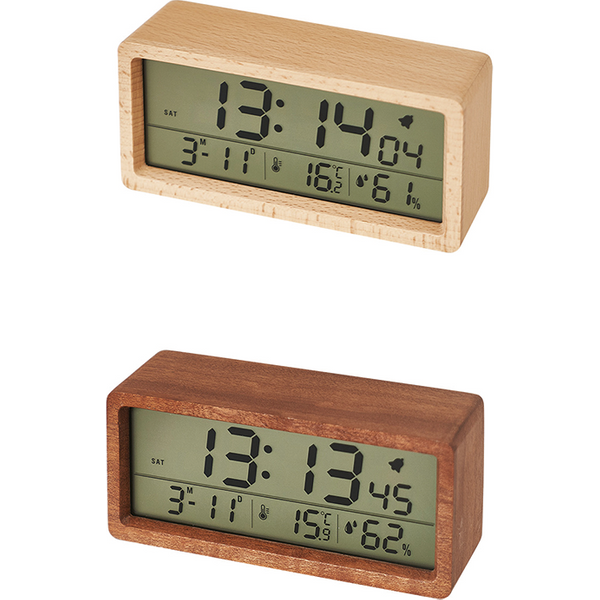 LED-Holz-Digitalwecker, multifunktional, großer Bildschirm, Datum, Temperatur, Luftfeuchtigkeit, Hintergrundbeleuchtung, 12/24 Stunden, Schlummer-Tischuhr