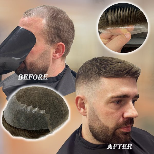 Q6 Men's Toupee Lace & PU Base Human Hair System Unit Durable Male Hair Prosthesis Wig for Full Coverage Hair Loss