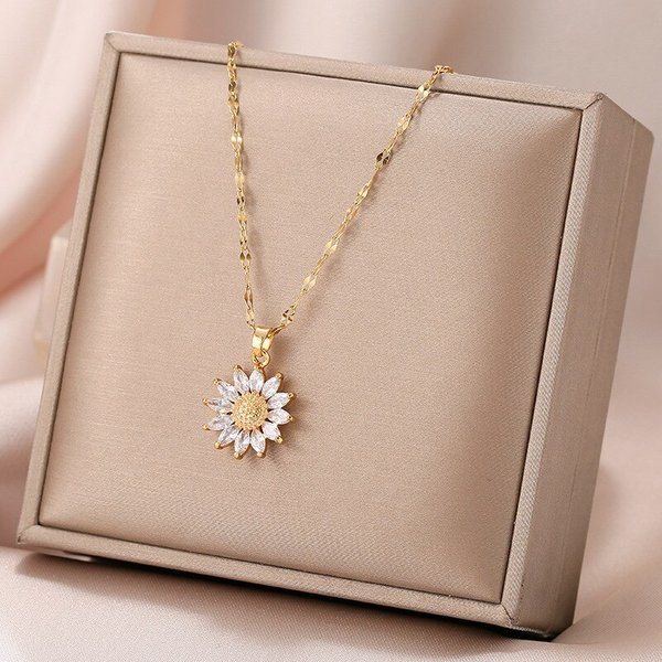 Collier couleur or pour femmes, 1 pièce, pendentif fleur de Style de luxe léger incrusté de zircone, chaîne en acier titane, bijoux de vacances