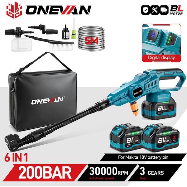 ONEVAN 200Bar Bürstenlose Hochdruckreiniger Pistole 3500W 6in1 Cordless Spritzpistole Auto Garten Waschmaschine Werkzeug Für makita 18V Batterie Pin