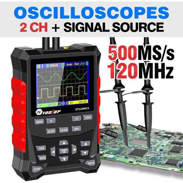 TOOLTOP Zweikanal-Digitaloszilloskop-Signalgenerator, 120 MHz Bandbreite, 500 MSpS Abtastrate, 2,4-Zoll-Handoszilloskop