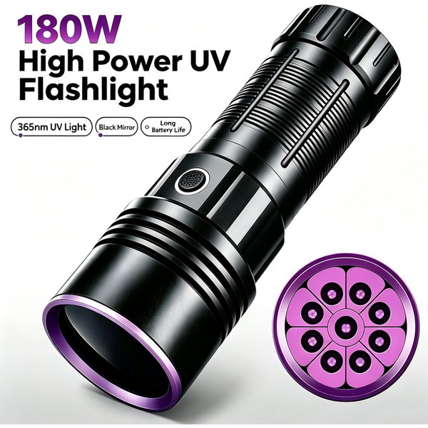 180W High Power 9 LED UV Flashlight 365nm Ultraviolet Torch Black Mirror Purple Light Lamp Pet Urine Tinea Fluorescer Detector