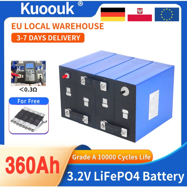 3.2V 360Ah Lifepo4 Battery Rechargeable Lithium Iron Phosphate Cell Grade a 10000 Cycle DIY 12V 24V 48V Solar Vans Golf Eu Stock