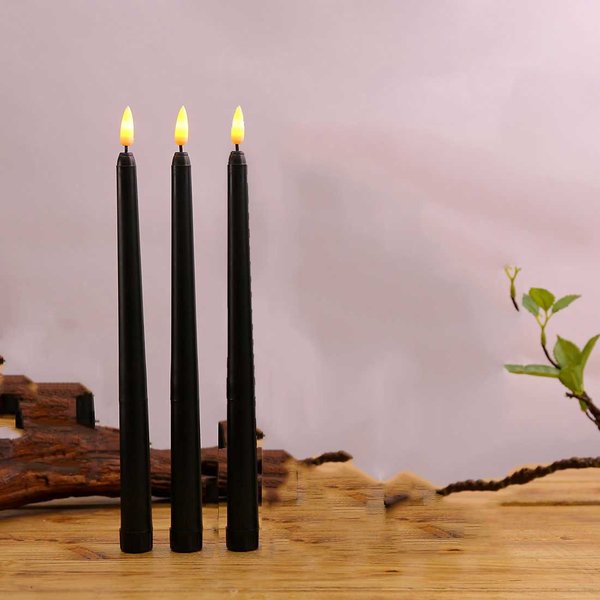 3 oder 4 Stück 11 Zoll Halloween schwarze flammenlose LED-Spitzkerzen mit gelbem/warmweißem Licht, gefälschte LED-Kerzen aus Kunststoff mit Batterie