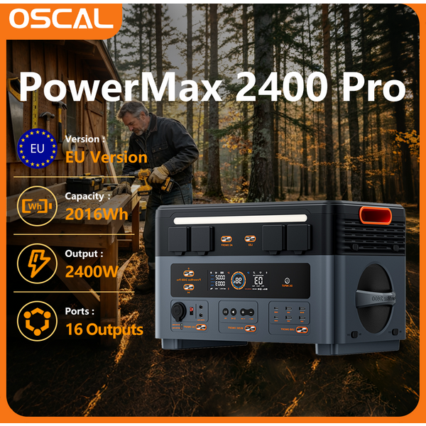 Oscal Powermax 2400 Pro 2400W 2016Wh Przenośna Stacja Zasilania z Możliwością Rozszerzenia do 22176Wh, Bateria LFP, Generator Solarny do Domu, Kampera, Kempingu i Życia Off-Grid
