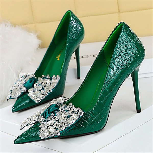 Escarpins pointus à talons hauts pour femmes, biscuits serpentine, nœud papillon, vert, nude, dame de bureau, chaussures de Rhde mariage, 10cm