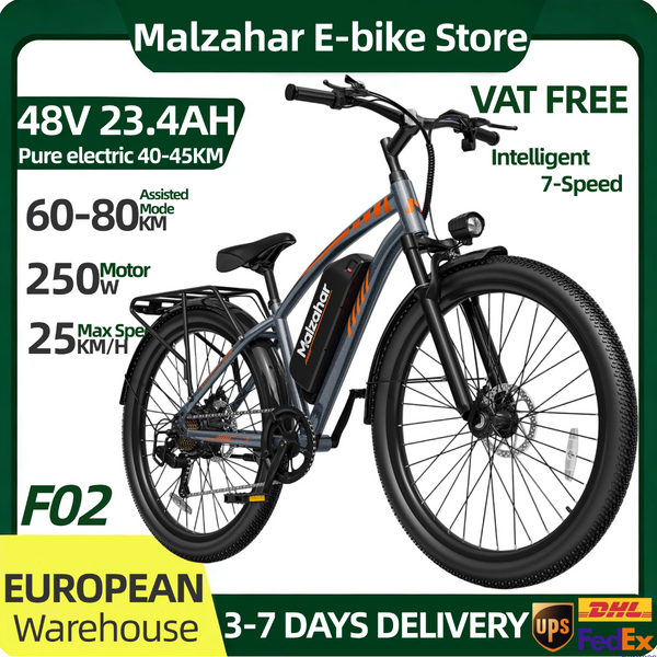 Malzahar F02 48V 23.4Ah E-Bike für Erwachsene, 29 Zoll x 2.3 Reifen, 7 Gänge, rein elektrisch, Reichweite 40-45 km, Mountainbike, 250W Motor, herausnehmbarer Lithium-Akku, Vorder- und