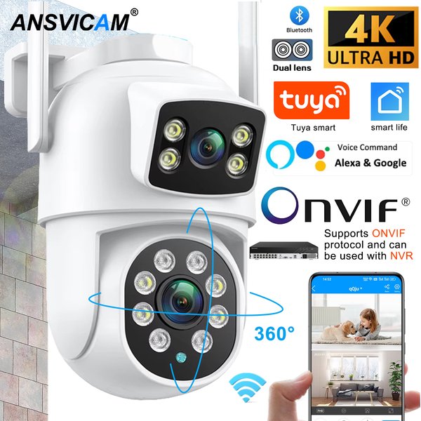 Kamera IP ANSVICAM Tuya Wifi 8K z Alexa, Google, Onvif, NVR, kamera z podwójnym obiektywem, PTZ, zewnętrzna, 4K, z podwójnym ekranem, automatycznym śledzeniem, tryb nocny
