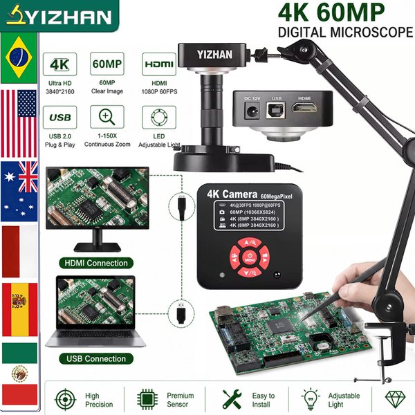 YIZHAN Lötmikroskop 4K 60MP, Digitalmikroskop HD 1080P 48MP, HDMI‑USB‑Schnittstelle, 1‑150X‑Objektiv, Fernbedienung, Arbeitsabstand 5‑100cm, Lokaler Versand