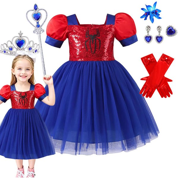 Girls Red Blue Tulle Puff Sleeve Dress With Spider Sequin Pattern Kids Superhero Cosplay Costume Halloween Party Fancy Outfit