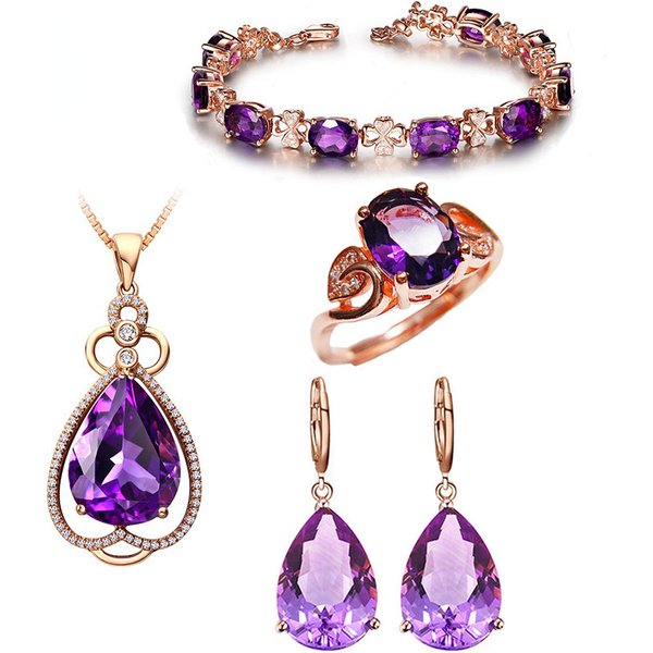 Rose Gold Plated Luxury Purple Crystal Stone Leaf Collar Chain Necklace Rings Earring Bracelet Jewelry Set for Women Girls Gift