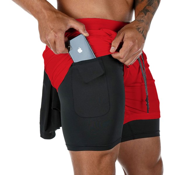 Doppelschichtige Fitness-Shorts für Herren, Kordelzug, Netzfutter, elastische Taille, atmungsaktiv, schnell trocknend, für Strand, Pool, Sommer, männlich