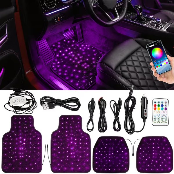 Starlight Auto-Fußmatten-Set mit RGB-Beleuchtung, Mehrfarbiger Sternenhimmel-Effekt, App-gesteuerter Rutschfester Autoteppich für SUV, LKW und Limousine, Schwarz