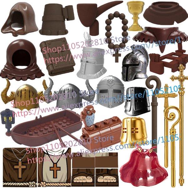 Mittelalterlicher Mönch-Baustein-Figuren-Zubehör: Stab, Heiliger Kelch, Rosenkranz, Schal, 3D-gedruckter Ritterhelm, Schild, Kinderspielzeug, Geschenk, Baustein
