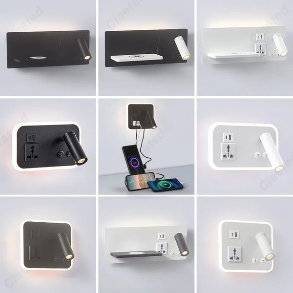 LED Adjustable Angle Wall Lamp USB Charging Port Mobile Wireless Charging Living Room Hotel Bedroom Bedside Reading Light
