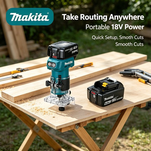 Makita DRT52 Kompakter Akku-Brushless-Fräser mit Überlegener Motordauerhaftigkeit 18V LXT, Multifunktionales Holzbearbeitungswerkzeug für Präzise Kantenbearbeitung und Nutprojekte
