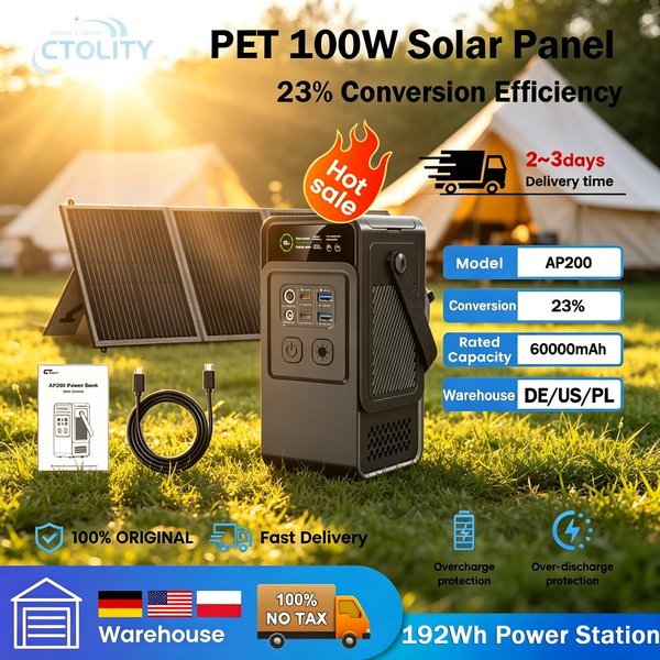 CTOLITY AP200 200W Powerstation mit SP100 100W flexiblem Solarpanel 20,5V, tragbare Falttasche, 23% Wirkungsgrad, Energiespeicher, USB Typ-C für Solarladestation, Powerbank