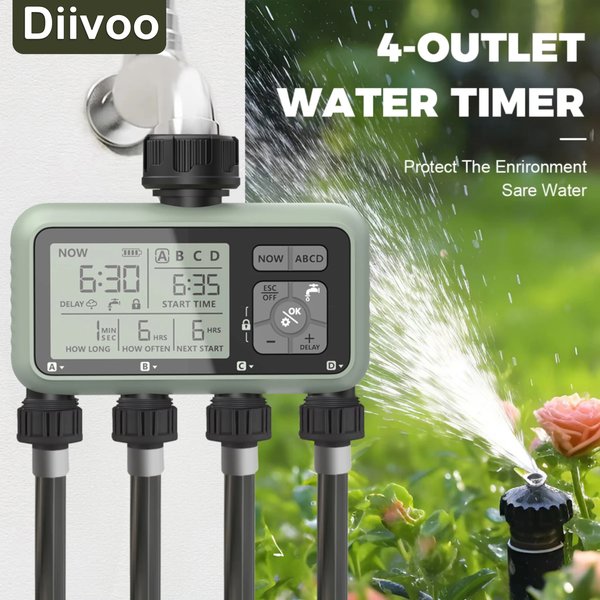 Diivoo Bewässerungstimer für 4 Zonen, programmierbarer automatischer Garten-Bewässerungstimer mit Regenverzögerung, manueller/automatischer Bewässerungsmodus für Rasen und Garten
