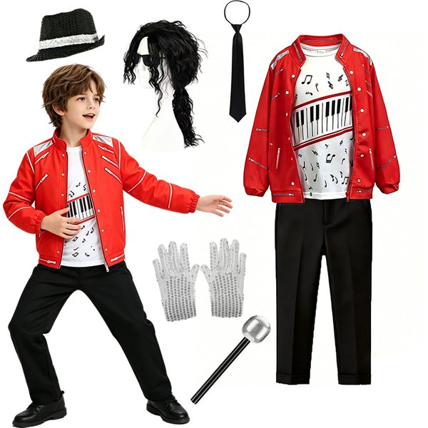 Boys Singer Red Jacket Piano Print T-Shirt Black Pants Set Halloween Kids Stage Cosplay Party Outfit