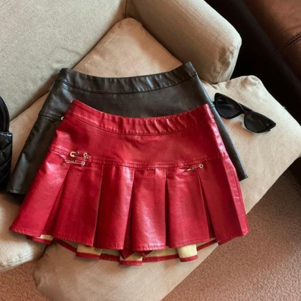 Amerikanischer Faltenrock aus PU-Leder für Damen, schmaler Minirock mit hoher Taille, Rot und Schwarz