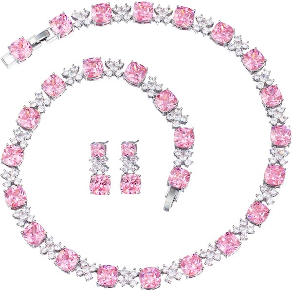 CWWZircons Pink Cubic Zirconia Earrings Large Square Cut Tennis Crystal Necklace for Women Summer Party Jewelry Girls Gift T0781