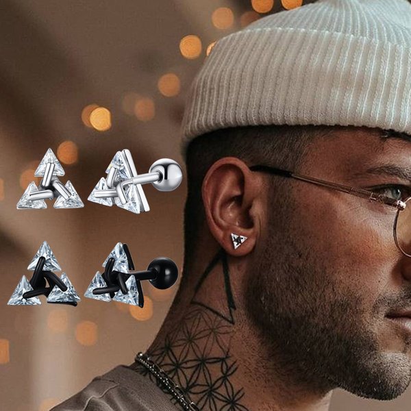 Men Stud Earring,Triangle Pierced Crystal Zircon Stud Earrings,Stainless Steel Tiny Minimalist Studs for Mens Women Jewelry