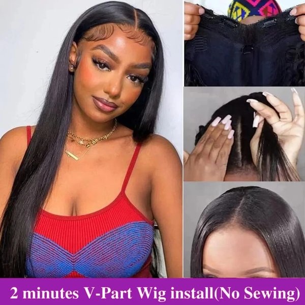 Perruques V-Part en cheveux humains lisses brésiliens sans colle pour femmes noires – Nouvelles perruques V-Part améliorées sans couture ni colle, demi-perruques couleur naturelle