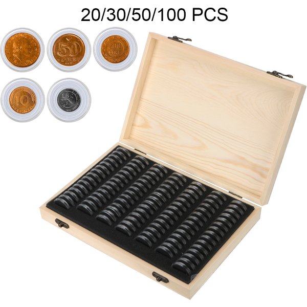 Coin Storage Box With Adjustment Pad 20/30/50/100PCS Adjustable Wooden Commemorative Coin Collection Case Holder Capsules