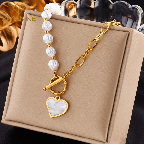 XIYANIKE 316L Stainless Steel Female Necklace New Design Pearl Decoration Heart Pendant Woman Necklaces Fashion Jewelry for Lady