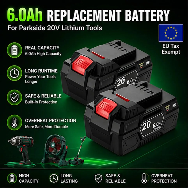 20V 6,0Ah Ersatz-Lithium-Akku für die Parkside X20V-Serie, kompatibel mit PAP 20 B3 PAP 20 A3 PAPS 208 A1, wiederaufladbarer Akku für Kettensägen, Bohrmaschinen, Rasenmäher und kabellose Werkzeuge.