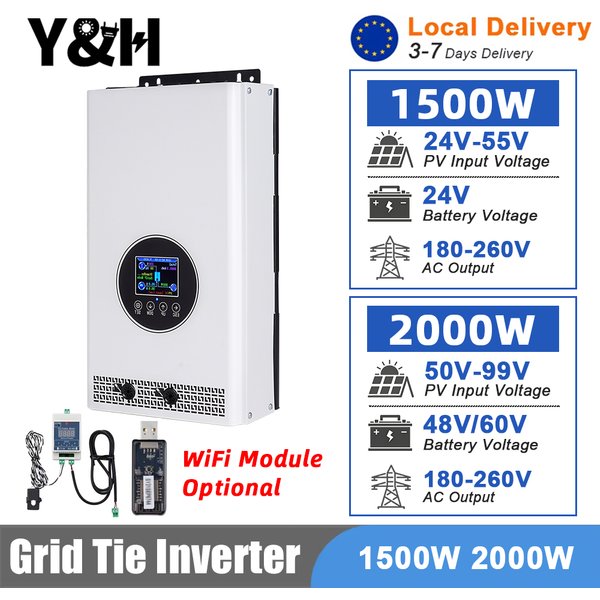 Y&H 2000W 1500W Netzgekoppelter Wechselrichter DC55-99V/24-55V zu AC230V Reine Sinuswelle für Batterieentladungsmodus/Solarmodule (Optionales Wi-Fi-Modul)