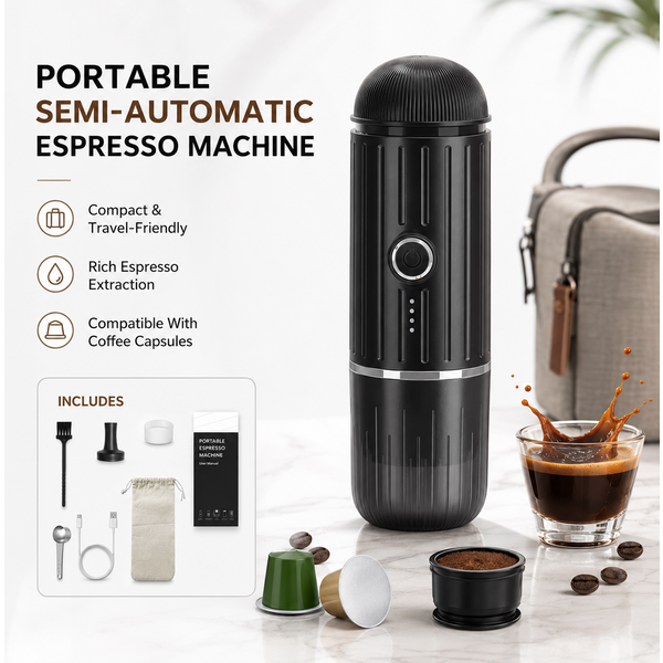 Tragbare halbautomatische Espressomaschine, 19 Bar elektrische Kaffeemaschine für Kapseln und gemahlenen Kaffee, Reise-Kaffeebrüher
