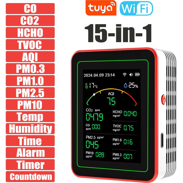 Heim-Luftqualitätsmonitor Tuya WiFi 15-in-1 TFT-Display Tragbarer AQI PM0.3 PM1.0 PM2.5 PM10 CO CO2 TVOC HCHC Tester APP Kohlenmonoxid