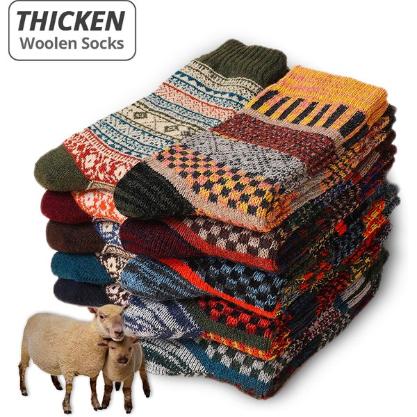 HSS – chaussettes d'hiver pour hommes, 5 paires, en laine de mouton épaisse, chaudes, Style rétro, colorées, à la mode, pour bottes de neige