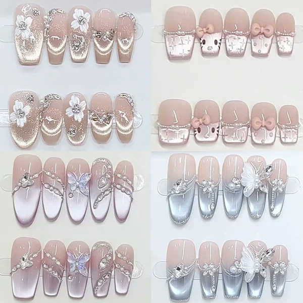 10 Stück handgemachte leichte Luxus-Katzenaugen zum Aufdrücken der Nägel, Strass-Farbverläufe, Schmetterling, quadratisch, Ellipse, tragbar, vollständige Abdeckung, künstliche Nägel
