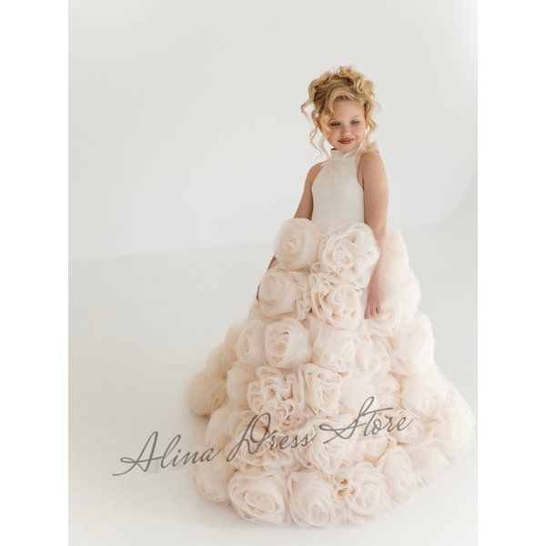 Robe de demoiselle d'honneur personnalisée couleur champagne clair, en tulle superposé et bouffant, pour mariage, concours de beauté, fête d'anniversaire, première communion