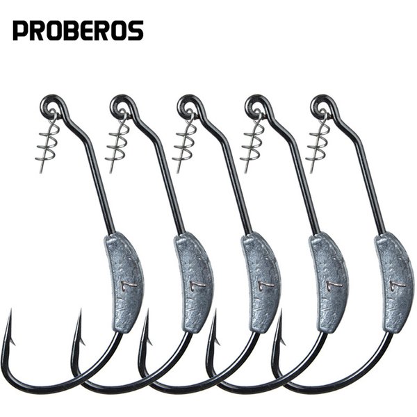 PRO BEROS 5Pcs Offset Fishing Hooks Weighted Crank Hook Soft Baits Barbed Hook Jig Worm Hook for Texas Rigs Fishing Tackle