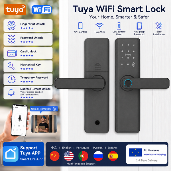 Serrure de porte intelligente Tuya avec empreinte digitale, déverrouillage à distance par application, mot de passe, carte IC, clé, code temporaire pour Airbnb, maison, bureau, livraison rapide depuis
