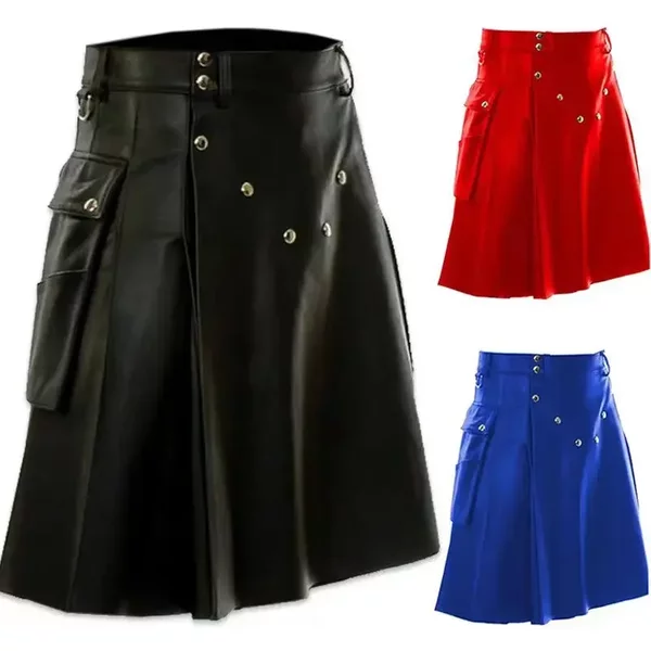 Meistverkaufter Herren Kunstleder Plissierter Rock Mode Schottischer Stil Ledergürtel Einfarbiger Plissierter Rock Modischer Herrenrock