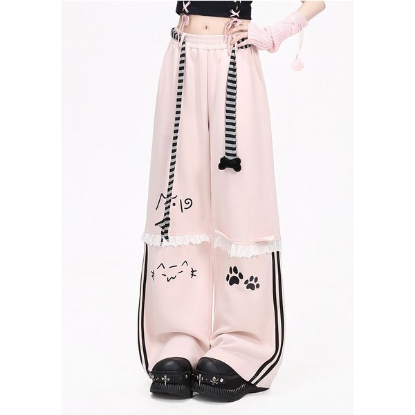 Niedliche Cartoon-Gürtelhose für Damen, Vintage-Spitzen-Patchwork, gestreift, Kawaii-Hose, Herbst, hohe Taille, Preppy-Stil, süße Freizeithose, neu