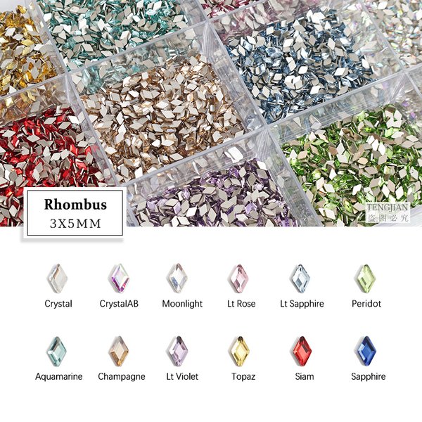 Mini dos plat 3x5MM losange Nail Art strass 12 couleurs cristal pour bricolage manucure décoration diamant 30/100 pièces