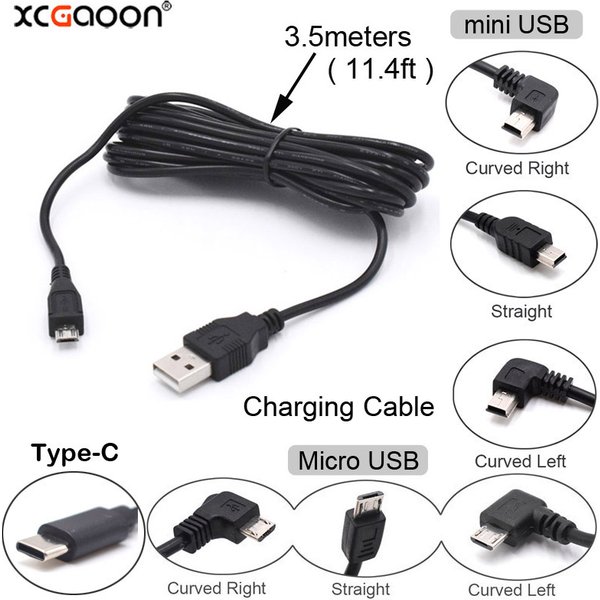 Car USB Charging Cable Wire With Mini Micro Type-C Port for Dashcam Car DVR Camera Video Recorder / GPS, Lengh 3.5m ( 11.5ft )