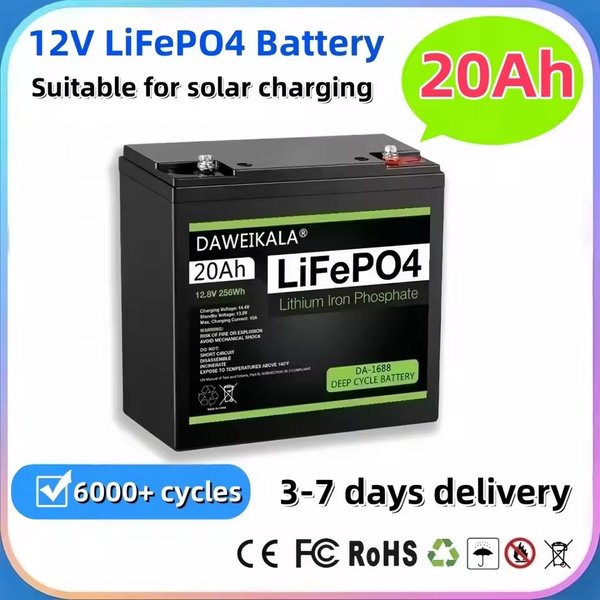 Batterie LiFePO4 12V 20Ah avec BMS intégré, batterie rechargeable au phosphate de fer et de lithium à cycle profond pour scooter enfant, bateau, moteur marin, sans taxes