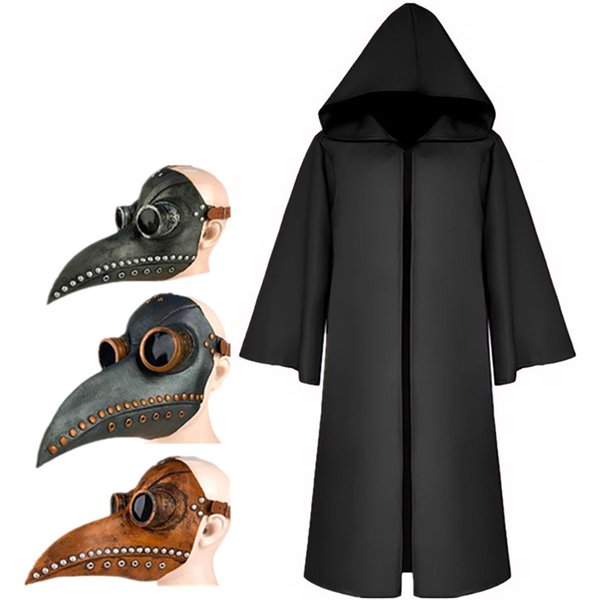 Ensemble masque et cape de docteur de la peste médiévale, Costume de jeu de rôle pour adultes et enfants, Robe noire d'halloween avec capuche pour fête Cosplay