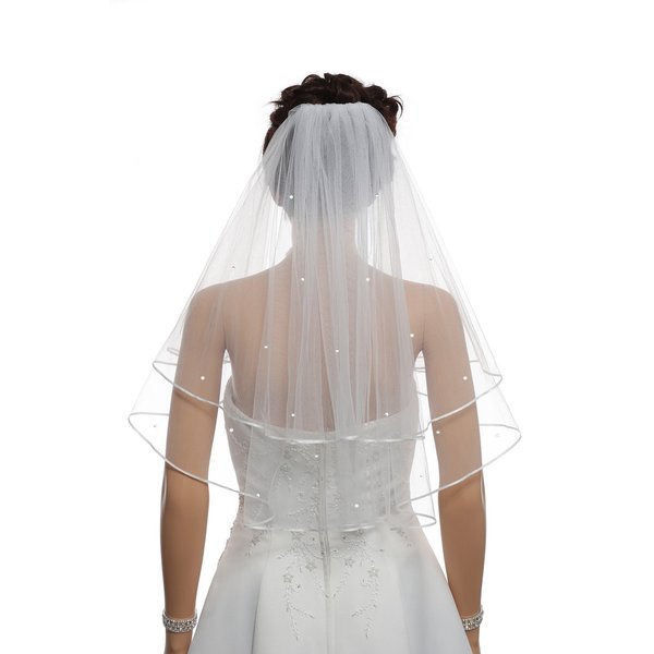 Voile de mariée perlé froncé au centre, 2T, 2 niveaux, bord de ruban, 2023