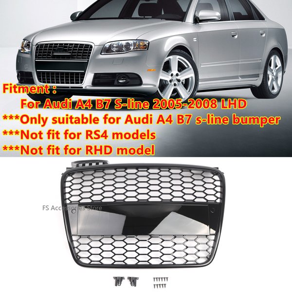 S-line Honeycomb Grill Mesh Front Bumper Grille Cover For Audi A4 B7 s-line 2005 2006 2007 LHD Car Center Black Racing Grille