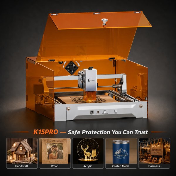 Carverall K15Pro Geschlossener Laser-Gravierer und -Schneider 1W IR 7W 12W Dioden-Lasergravurmaschine für Metall, Holz, Leder, Acryl und Kunsthandwerk