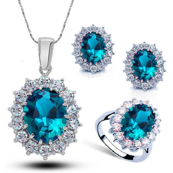 Authentic 925 Sterling Silver Plated Women Wedding Engagement Jewelry Sets Princess Oval Zircon Crystal Necklace Earrings Ring