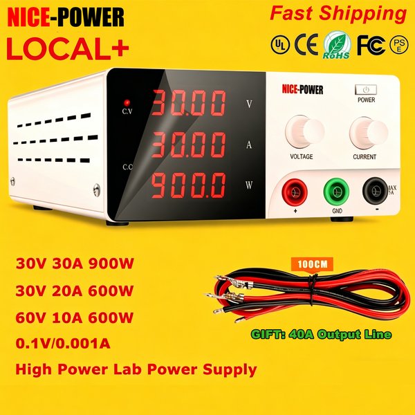 NICE-POWER Einstellbares Netzteil 30V 30A, Labornetzteil 60V 10A, 15V 60A, Hochleistungs-Schaltnetzteil 900W 12V 24V 36V 48V zum Batterieladen